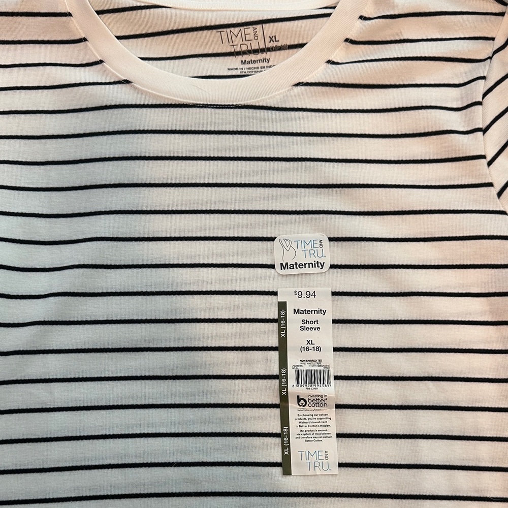 Time and Tru Black and White Striped Maternity Tee
